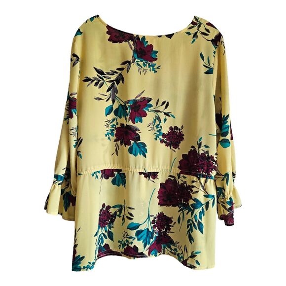 EVRI Women's 1X Blouse V-Neck Drawstring Waist Yellow Floral 3/4 Sleeve 50" - Picture 7 of 7